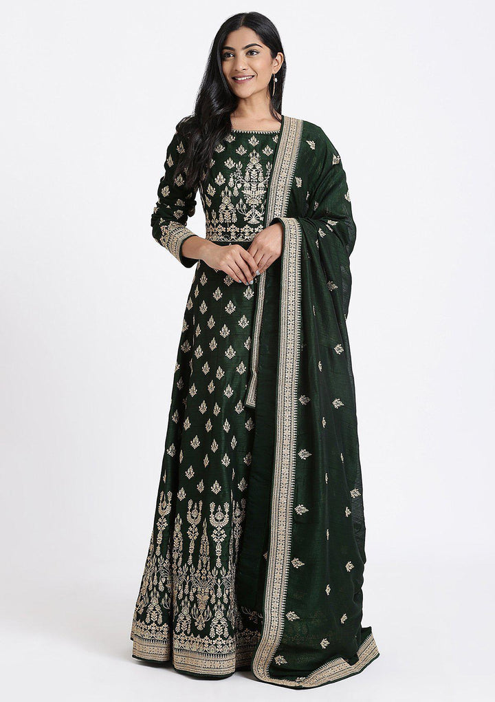Bottle Green Zariwork Raw Silk Designer Gown-Koskii