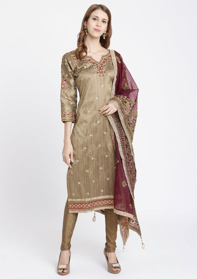 Mehendi Threadwork Rawsilk Designer Salwar Suit-Koskii