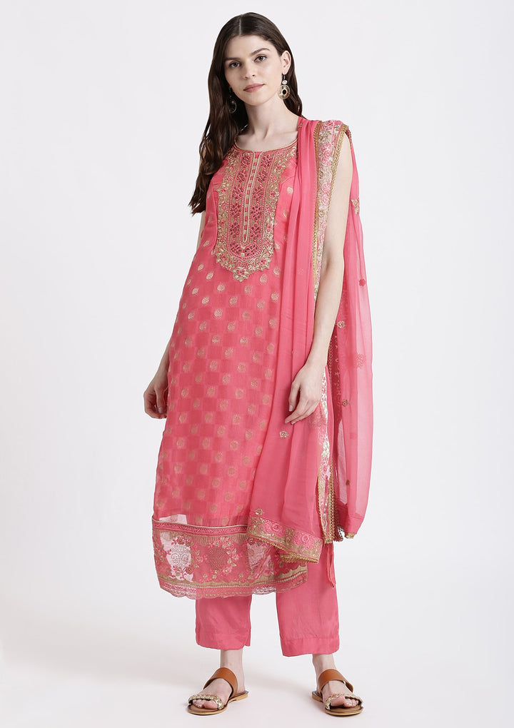 Pink Zari Work Chanderi Designer Salwar Suit-Koskii