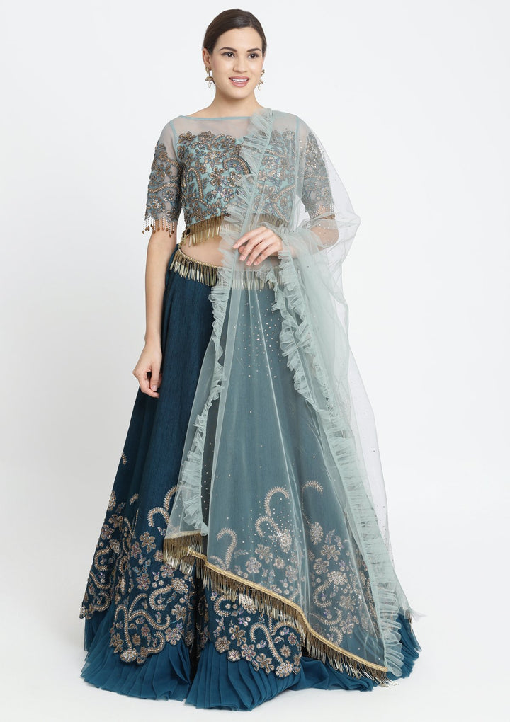 Peacock Blue Zariwork Raw Silk Designer Lehenga-Koskii