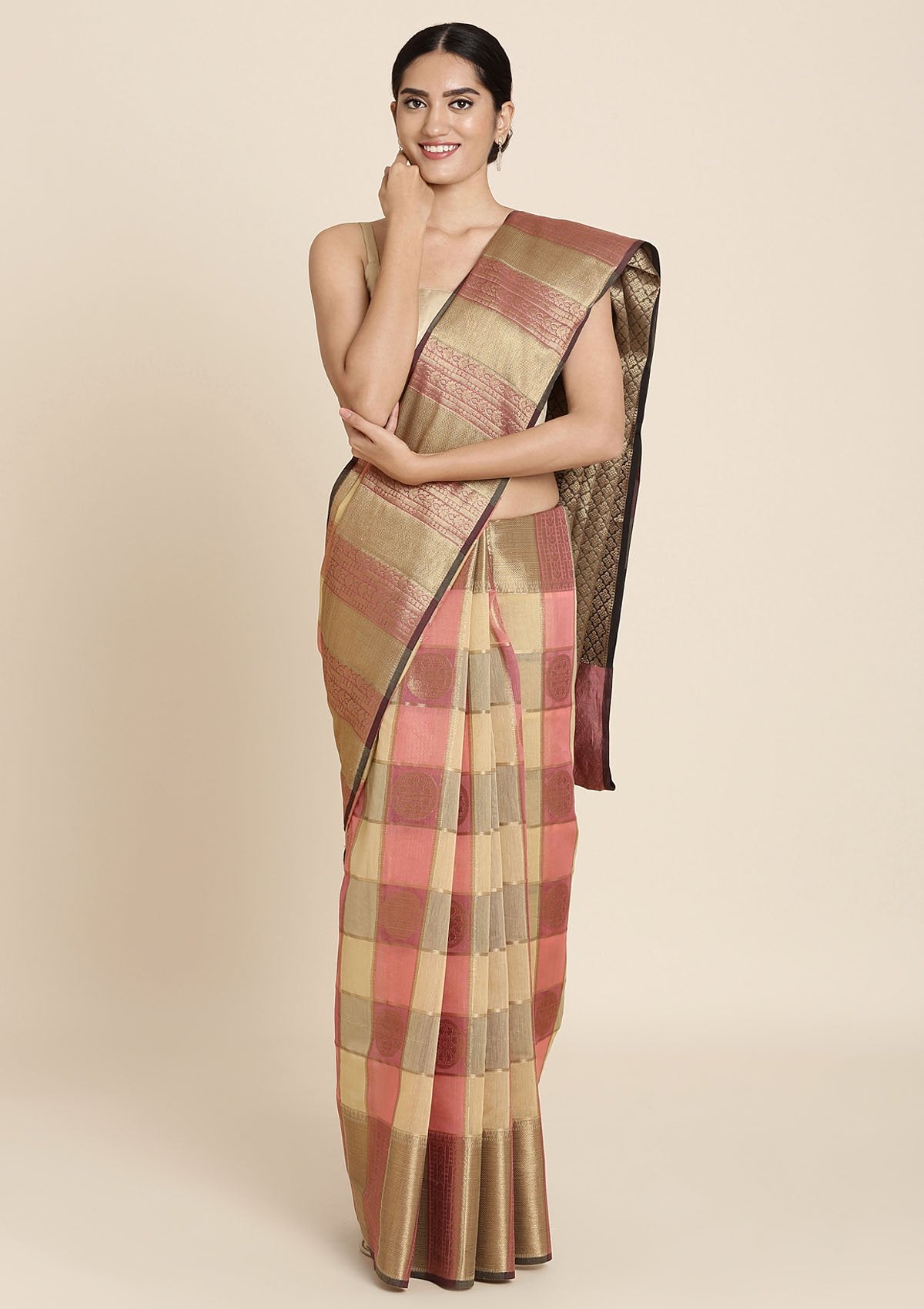 Chequered Zariwork Art Silk Designer Saree - koskii