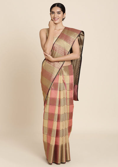 Chequered Zariwork Art Silk Designer Saree - koskii