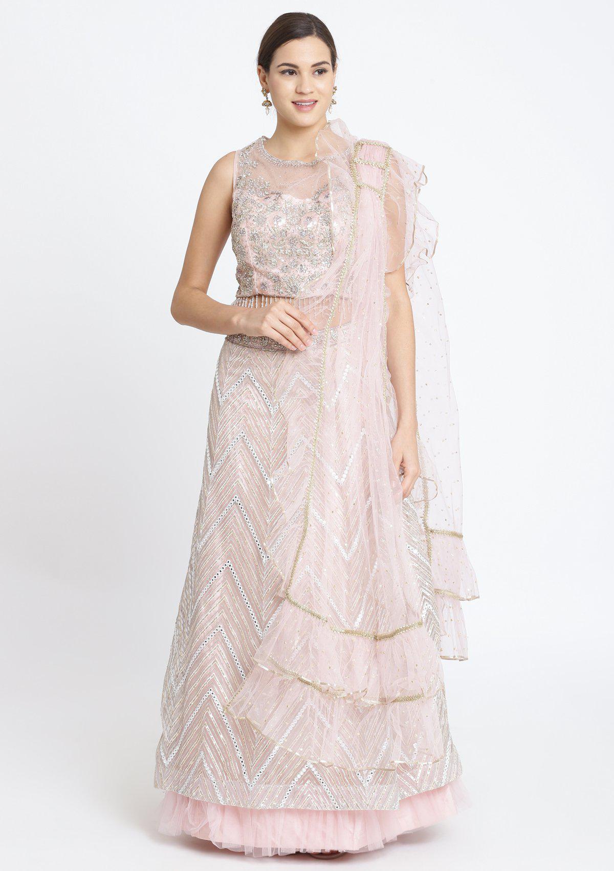 Baby Pink Silver Stonework Net Designer Lehenga-Koskii