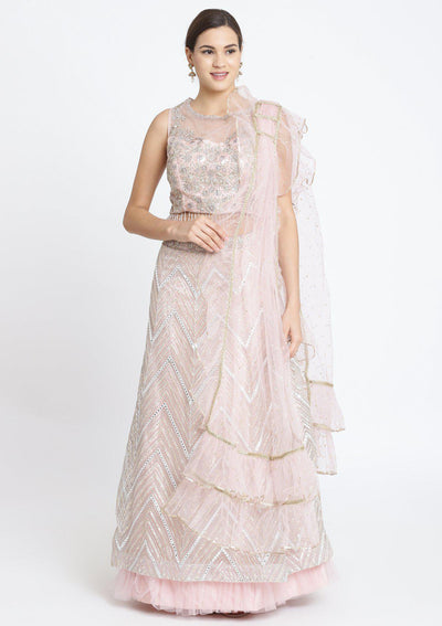 Baby Pink Silver Stonework Net Designer Lehenga-Koskii