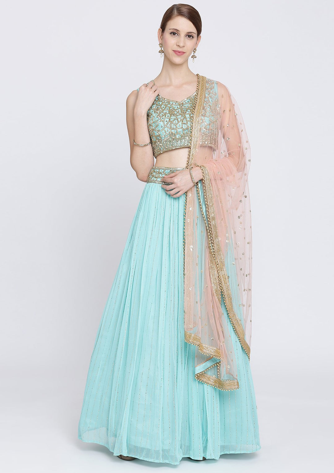 Sky Blue Cutdana Georgette Designer Lehenga-Koskii