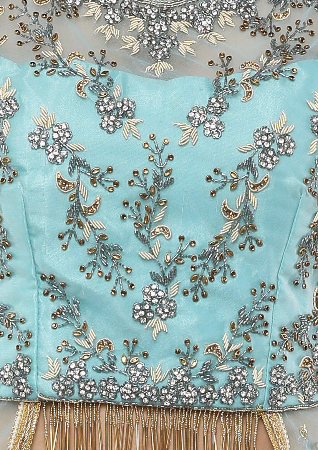 Sky Blue Bead Work Silk Designer Lehenga-Koskii