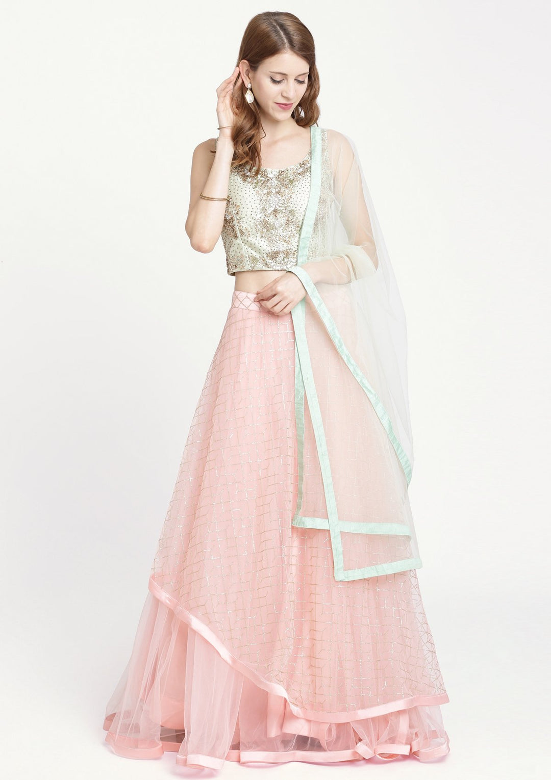 Pink Stonework Net Designer Lehenga-Koskii