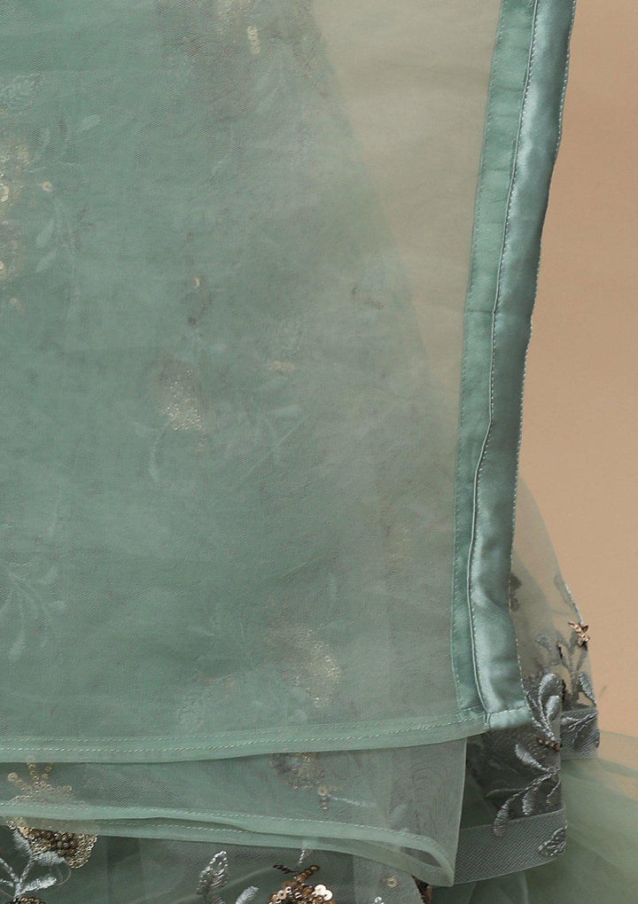 Sea Green Floral Net Designer Lehenga-Koskii
