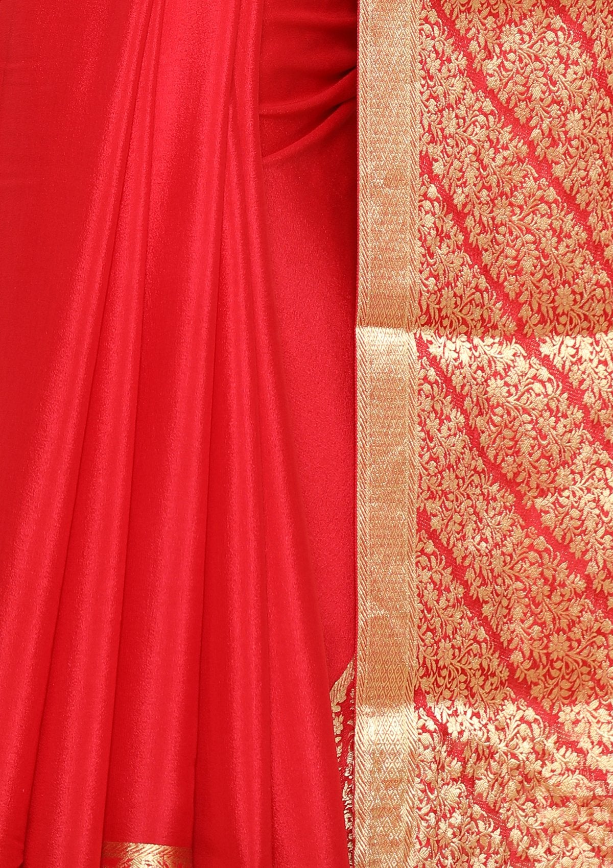 Bright Red Zari Bordered Handmade Saree-Koskii