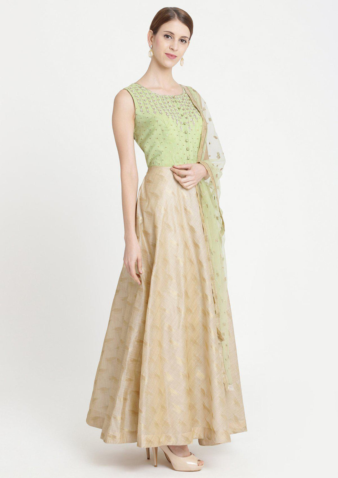 Pista Green Cutdana Raw Silk Designer Gown-Koskii
