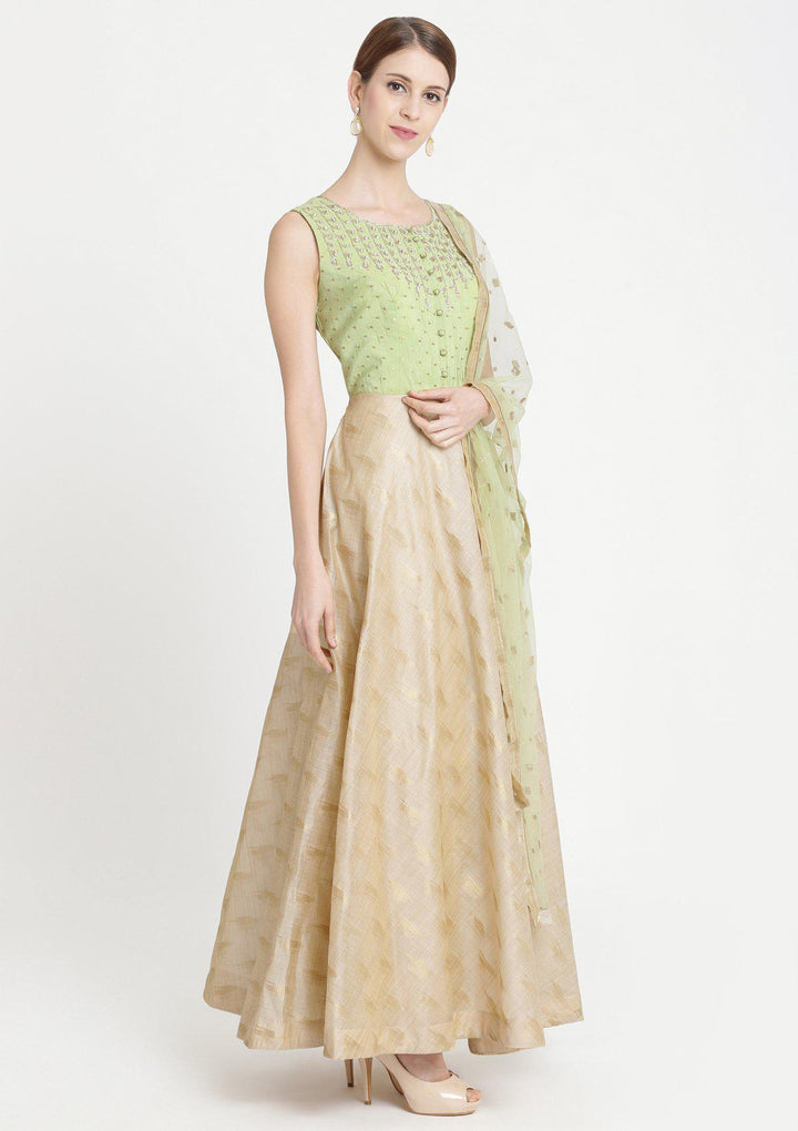 Pista Green Cutdana Raw Silk Designer Gown-Koskii