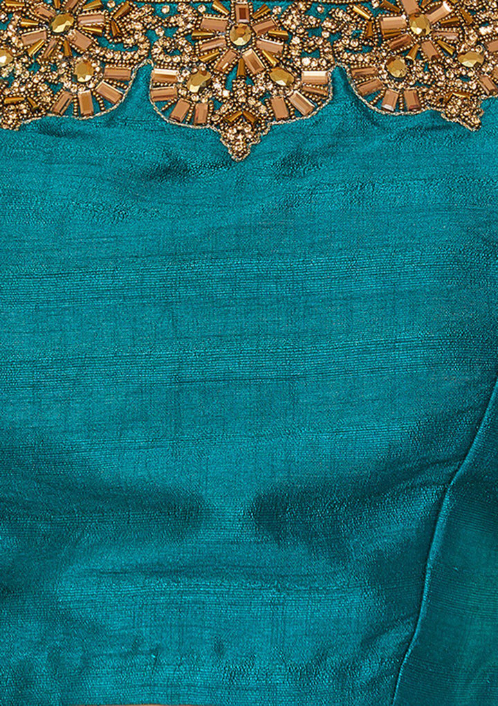 Green Stonework Raw-Silk Designer Lehenga-Koskii