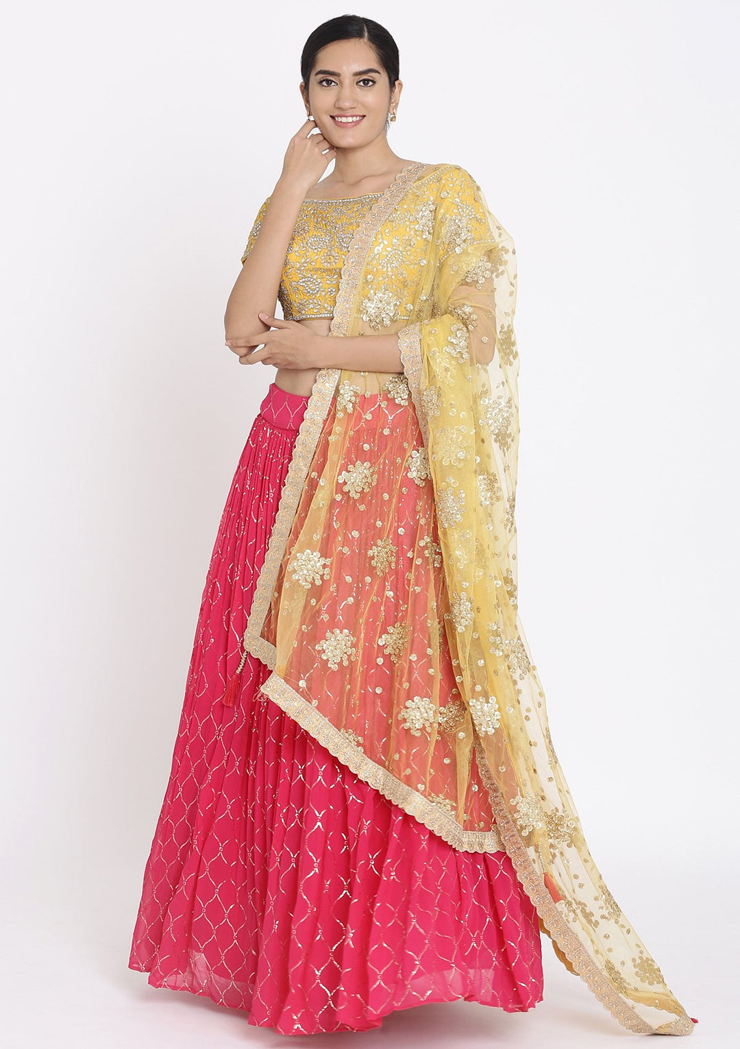 Rani Pink And Yellow Gotapatti Georgette Designer Lehenga - koskii