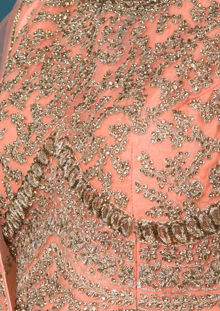 Peach Embellished Net Designer Lehenga-Koskii