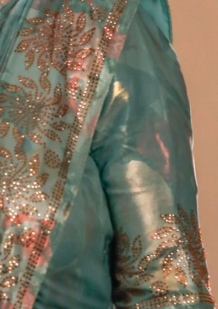 Sea Green Swarovski Shimmer Designer Saree-Koskii