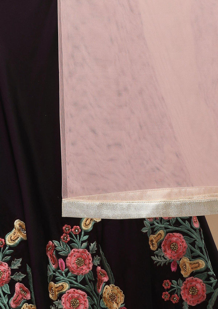 Wine Floral Stone Work Silk Designer Lehenga-Koskii