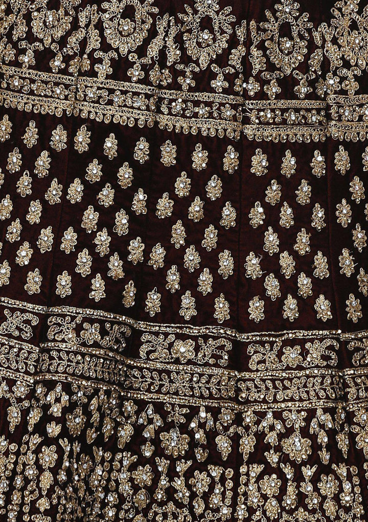 Maroon and Pink Embellished Velvet Designer Lehenga-Koskii