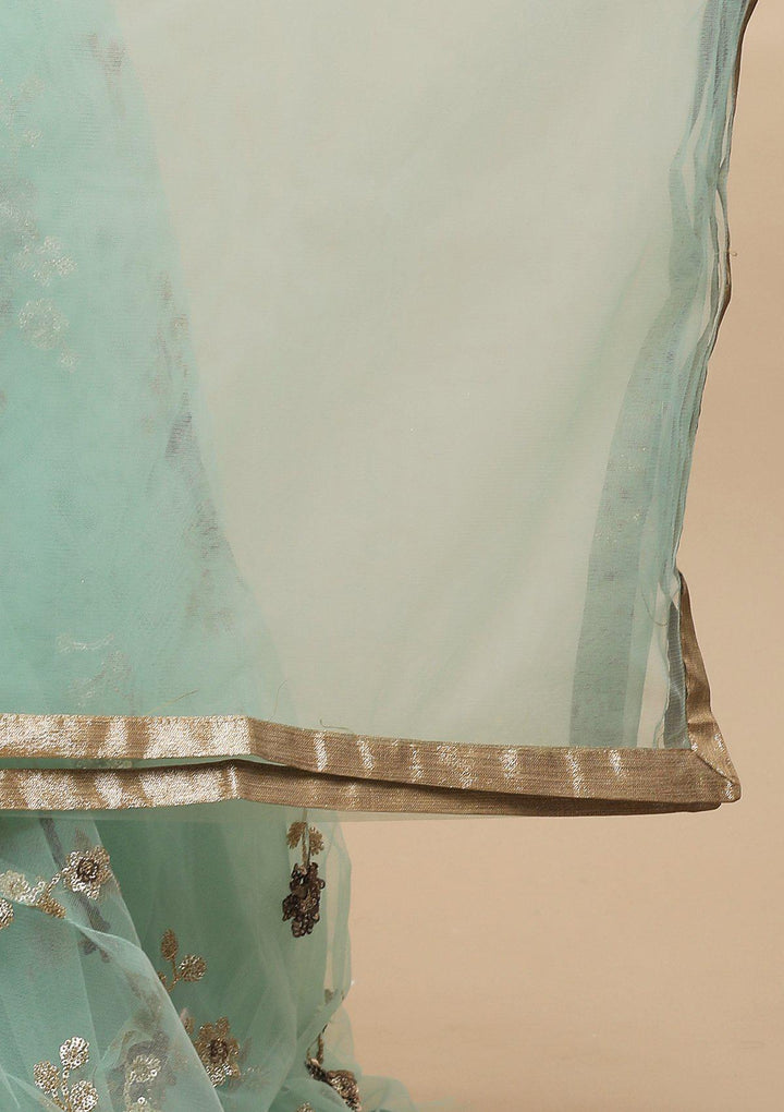 Pista Green Floral Net Designer Lehenga-Koskii