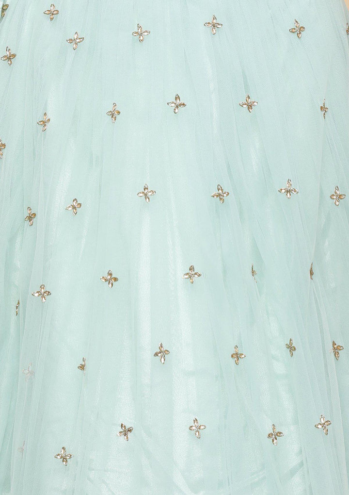 Sea Green Embellished Silk Designer Lehenga-Koskii