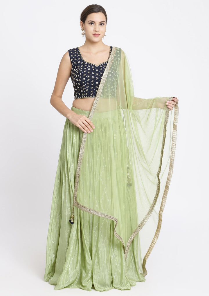 Pista Green and Navy Blue Mirrorwork Satin Designer Lehenga-Koskii