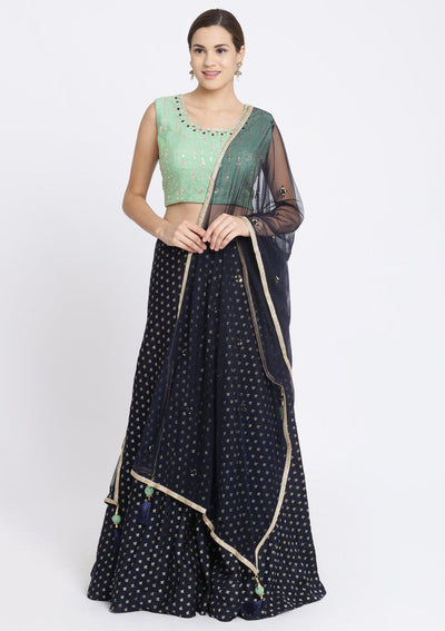 Navy Blue Zardozi Chanderi Designer Lehenga-Koskii