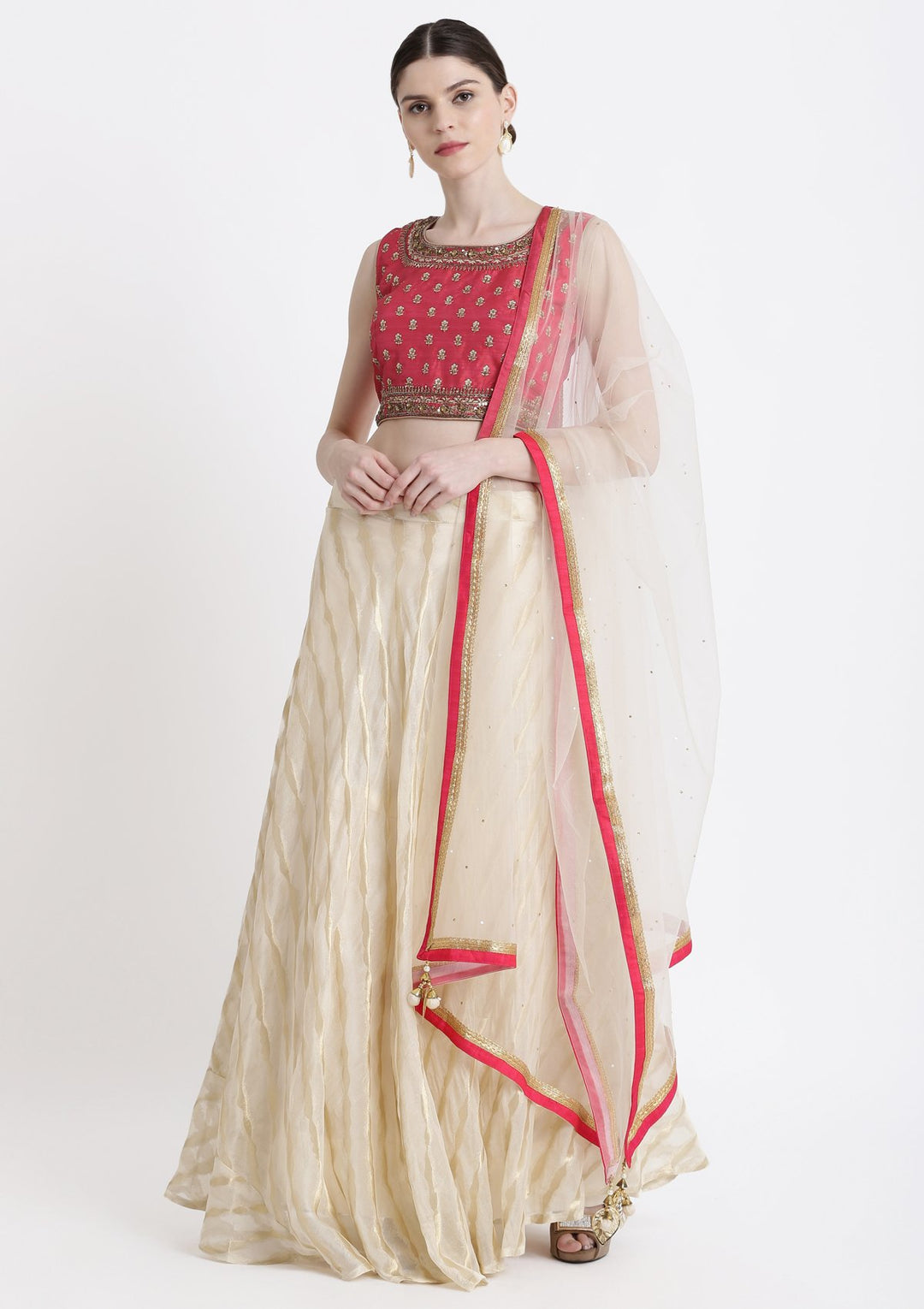 Cream Cutdana Net Designer Lehenga-Koskii