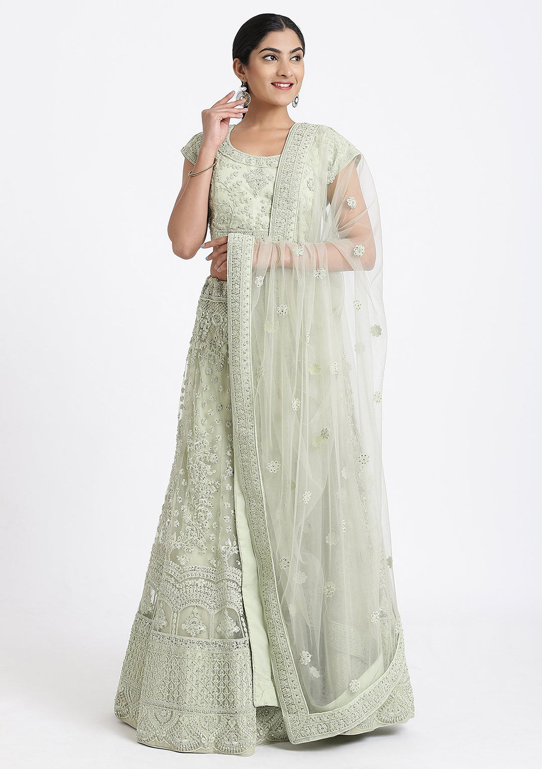Pista Green Threadwork Net Designer Lehenga-Koskii