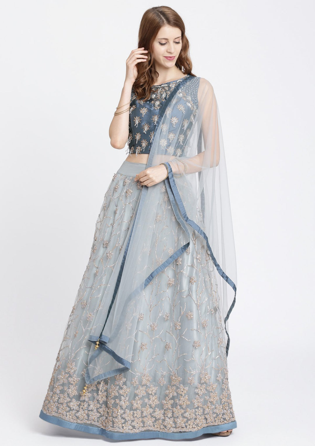 Light Grey Stonework Net Designer Lehenga-Koskii