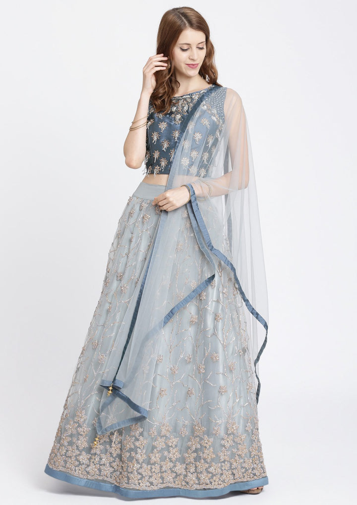 Light Grey Stonework Net Designer Lehenga-Koskii