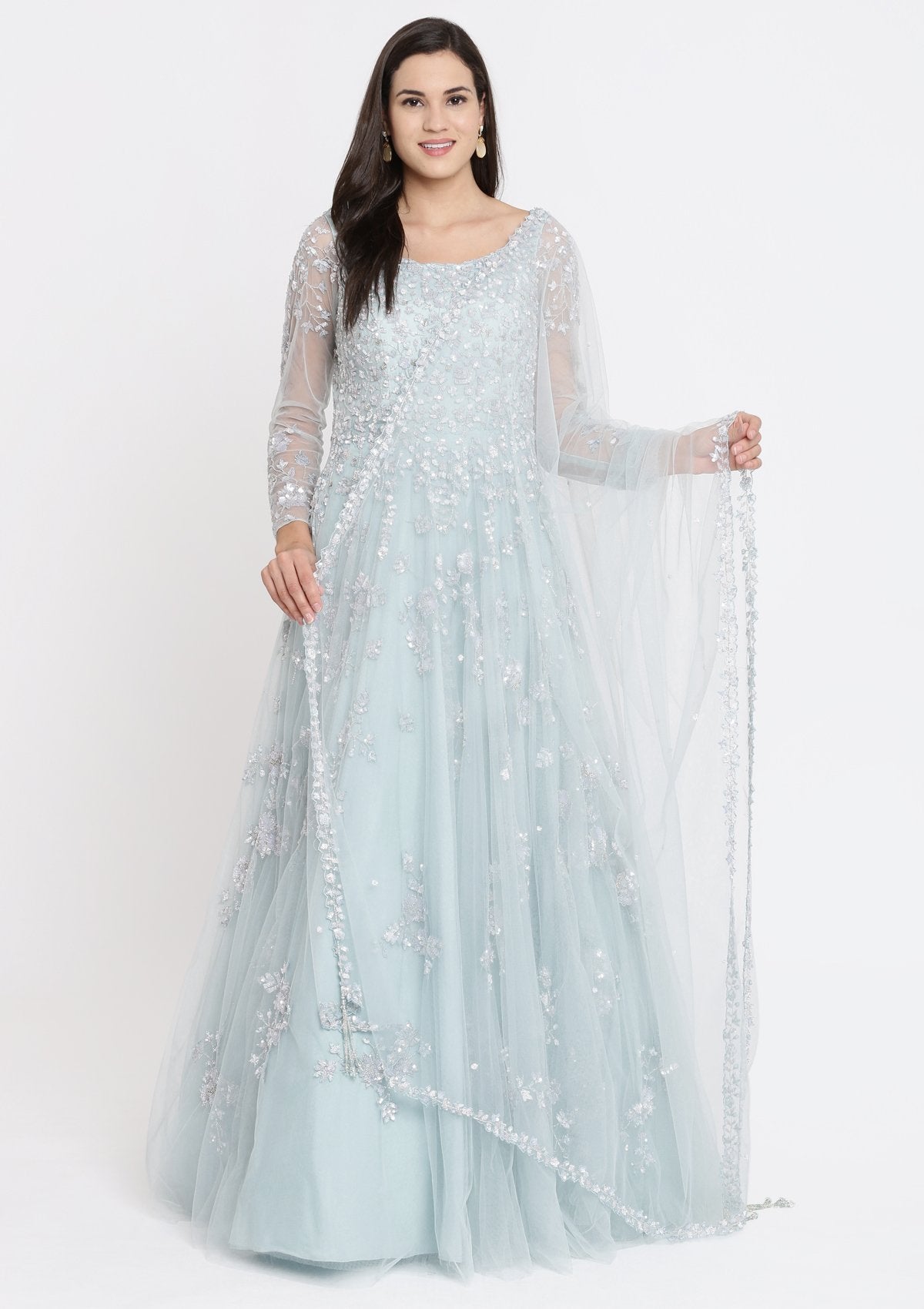 Sky Blue Sequinned Net Designer Gown-Koskii