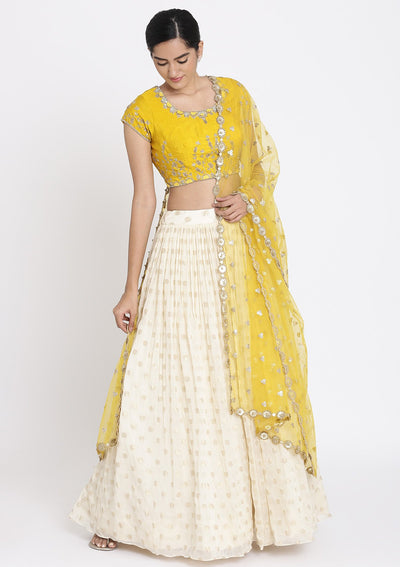 Cream And Yellow Zardosi Georgette Designer Lehenga - koskii