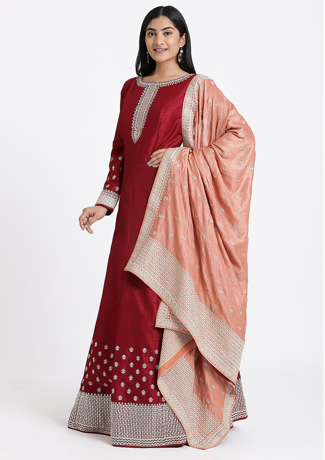 Maroon Zariwork Rawsilk Designer Gown-Koskii