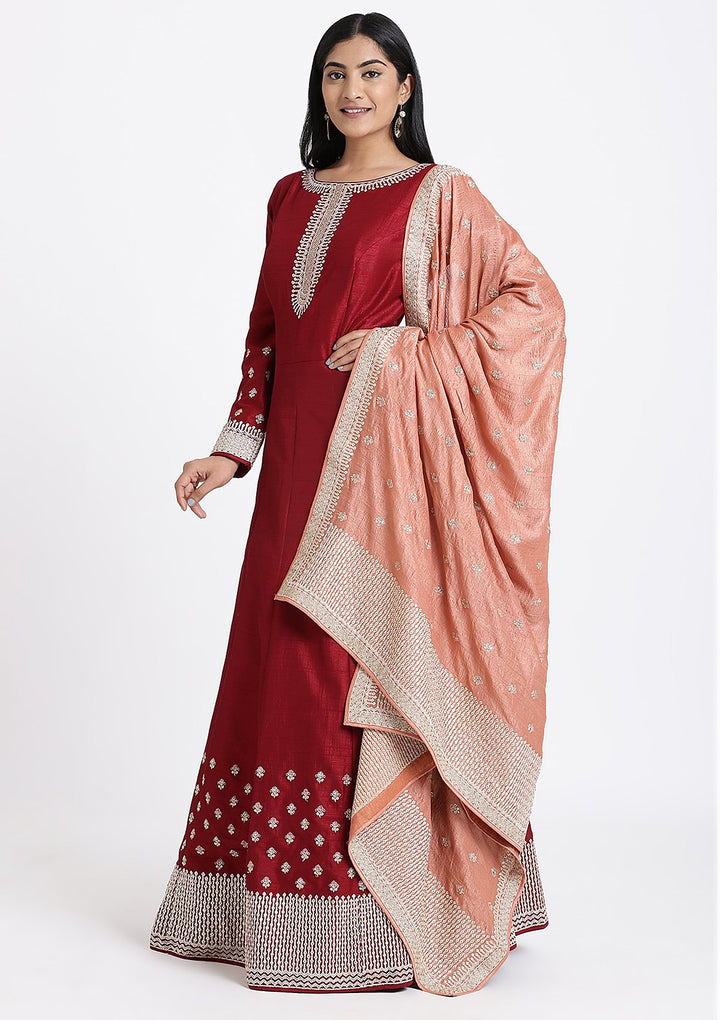 Maroon Zariwork Rawsilk Designer Gown-Koskii