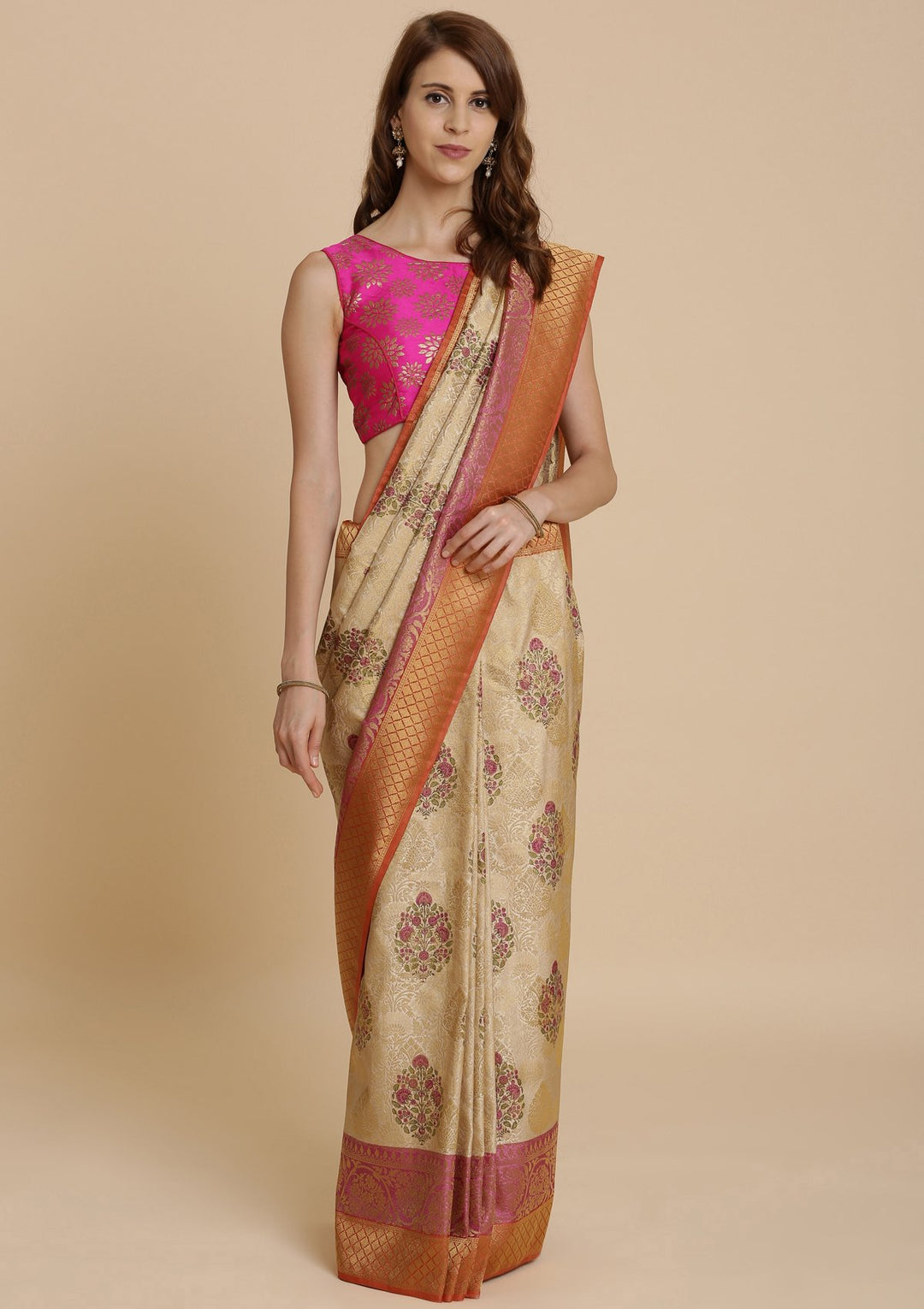 Orange and Cream Art Silk Designer Saree-Koskii
