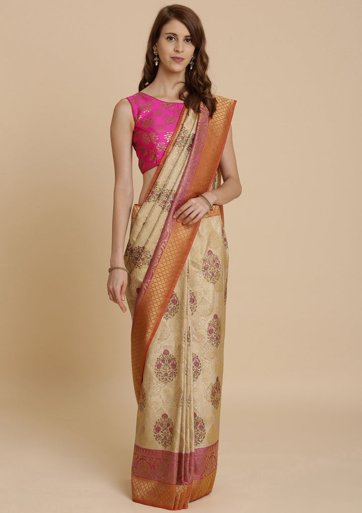 Orange and Cream Art Silk Designer Saree-Koskii