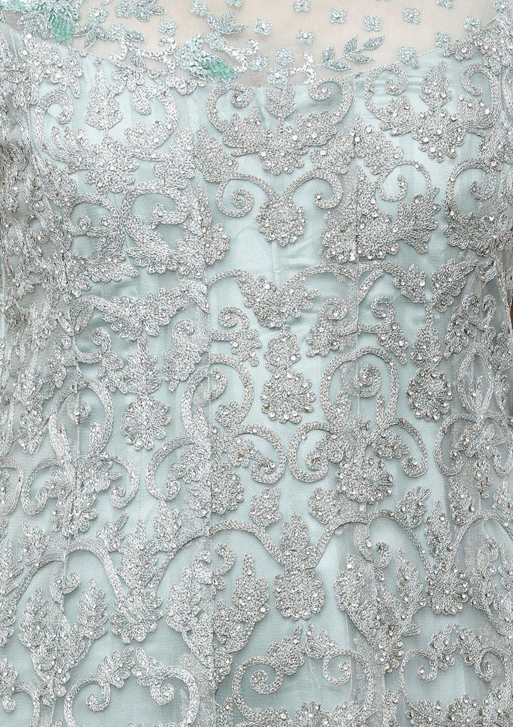 Teal Green Threadwork Net Designer Gown-Koskii