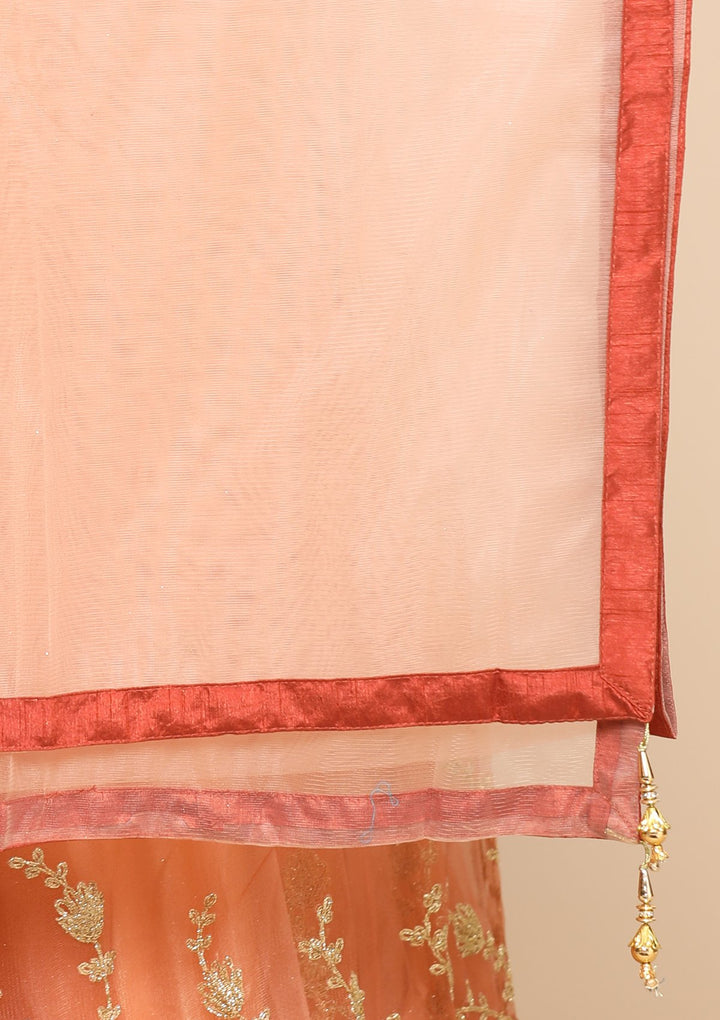 Peach Thread Work Net Designer Lehenga-Koskii