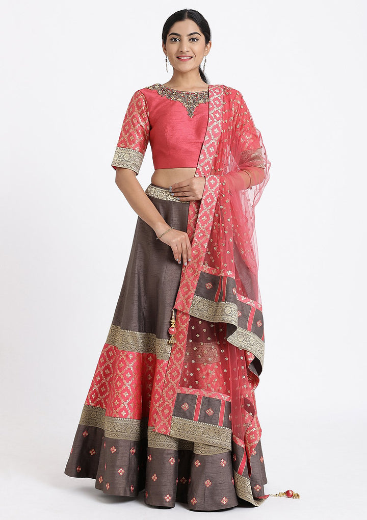 Grey and Pink Pearlwork Raw Silk Designer Lehenga-Koskii