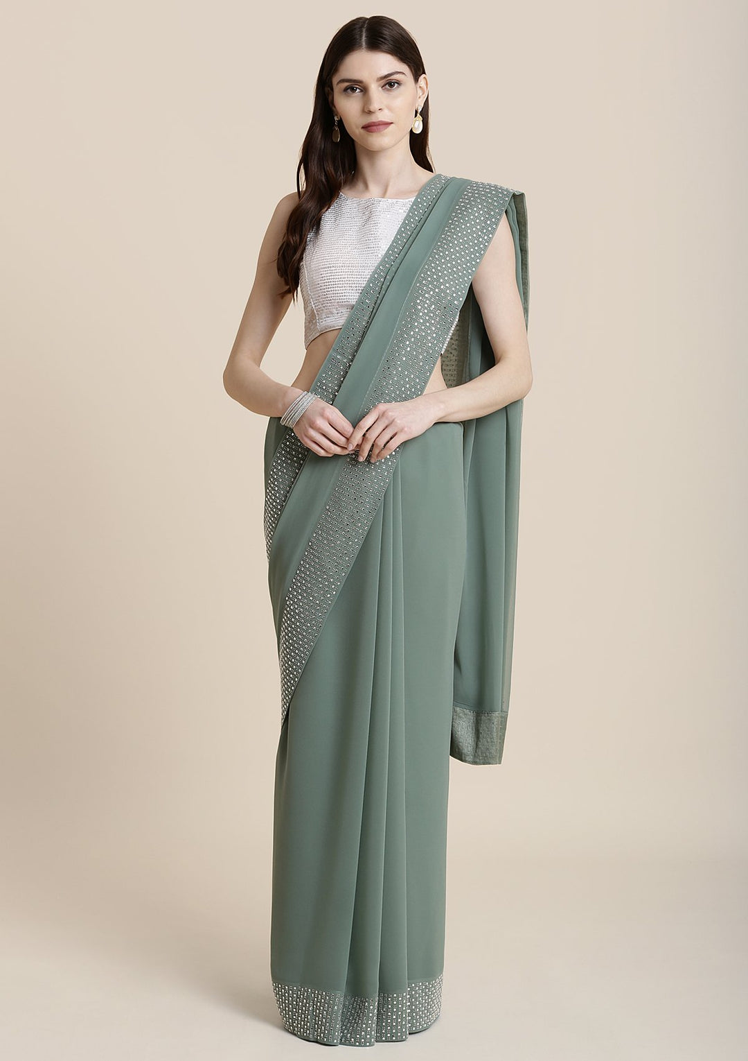 Sea Green Swarovski Georgette Designer Saree-Koskii