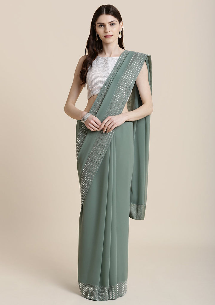 Sea Green Swarovski Georgette Designer Saree-Koskii