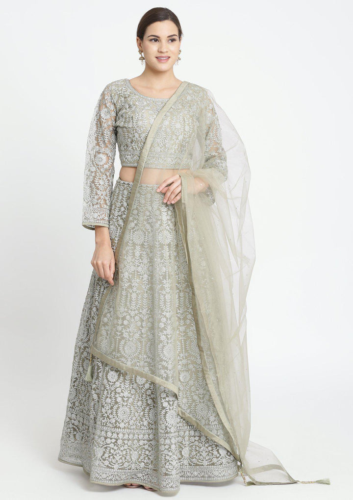 Light Olive Green Zariwork Net Designer Lehenga-Koskii