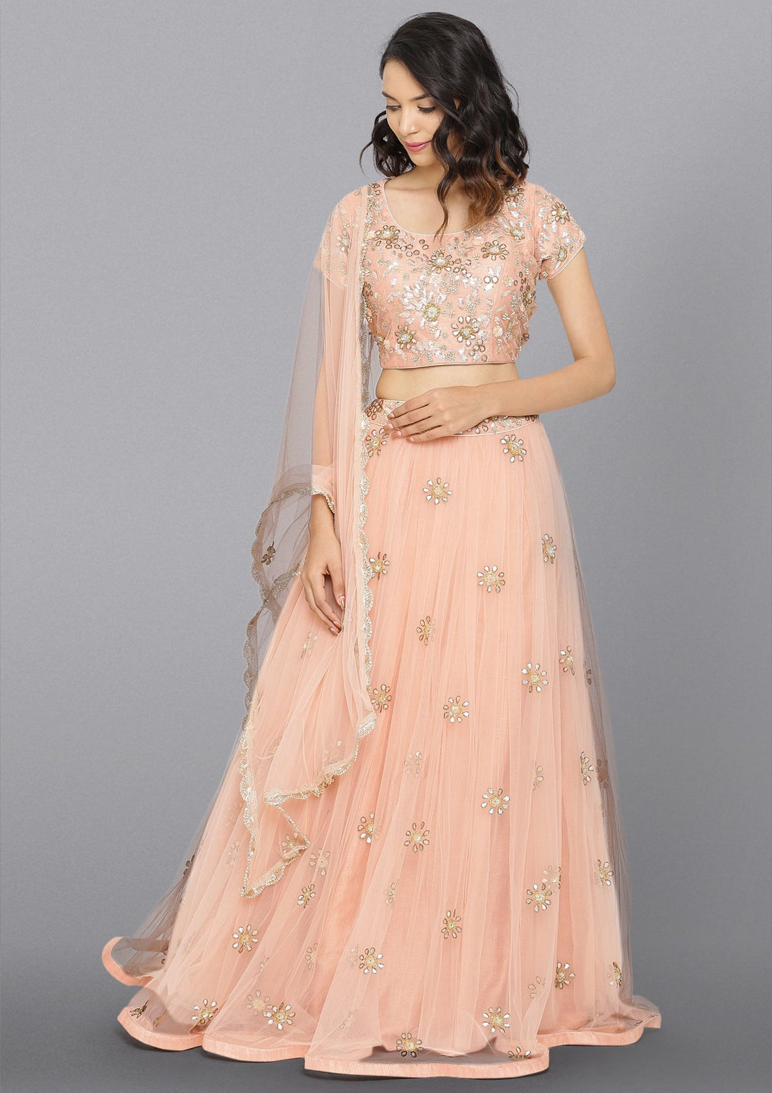 Peach Gotapatti Net Designer Lehenga-Koskii