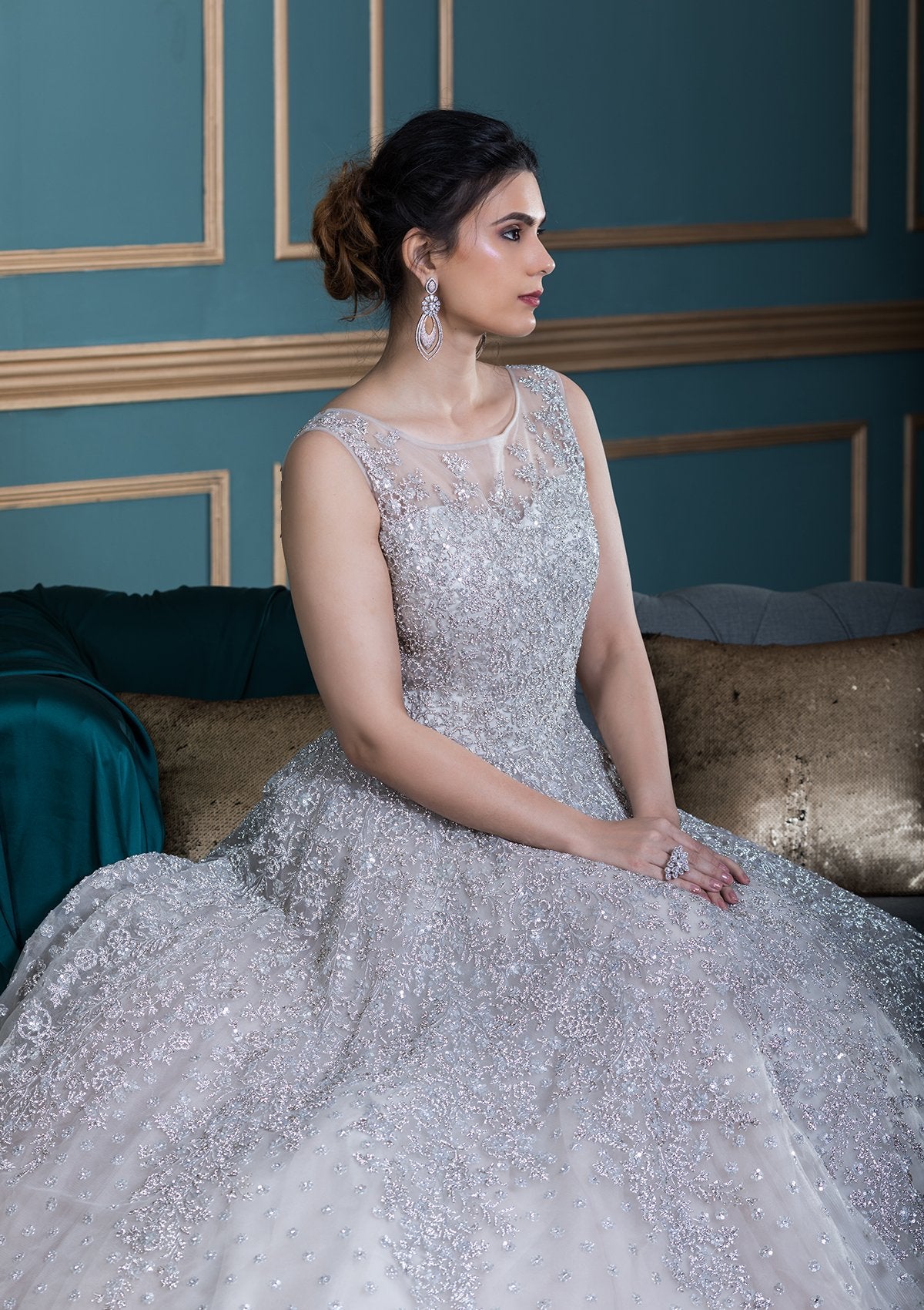 White Zardozi Work Net Ball Gown-Koskii