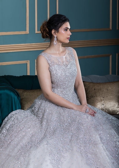 White Zardozi Work Net Ball Gown-Koskii