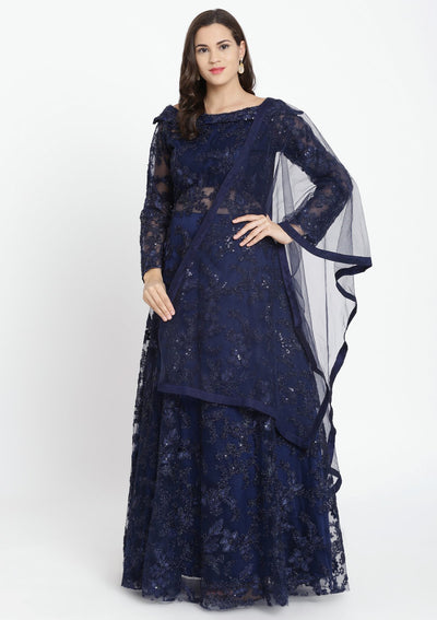 Navy Blue Sequinned Net Designer Gown-Koskii