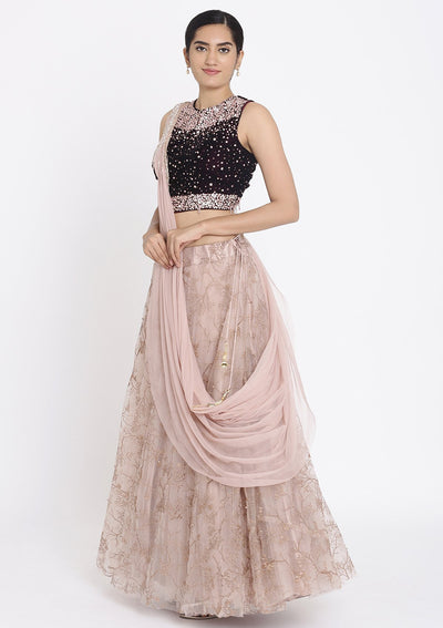 Lavender And Wine Stonework Net Designer Lehenga - koskii