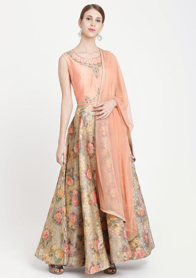 Peach Stonework Banarasi Designer Gown-Koskii