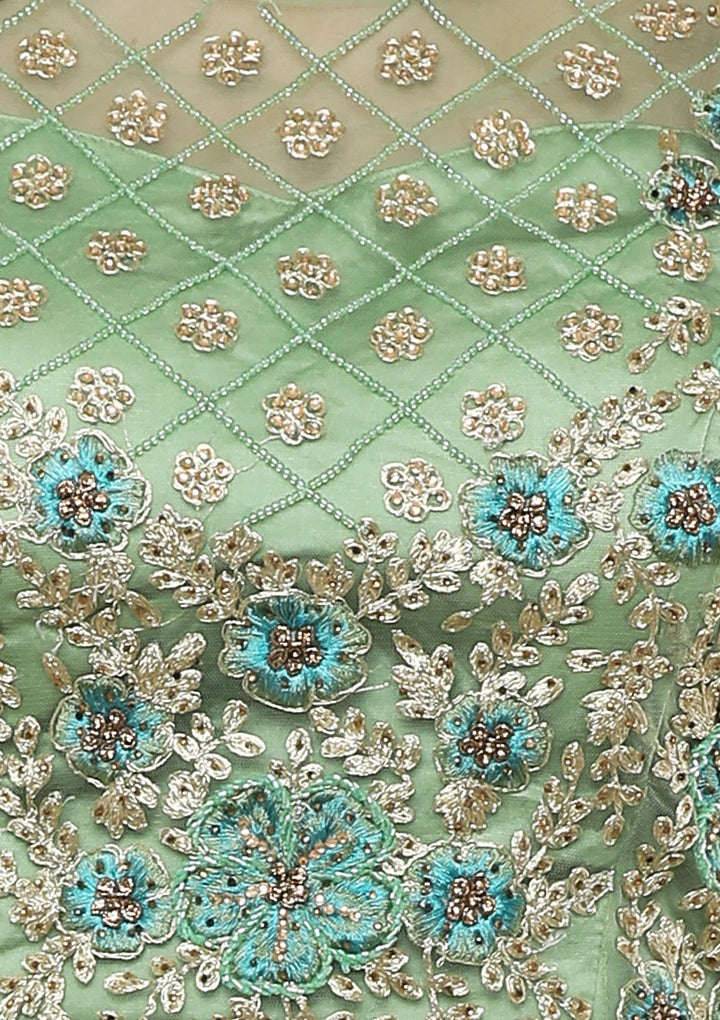 Pista Green Zari Work Net Designer Lehenga-Koskii