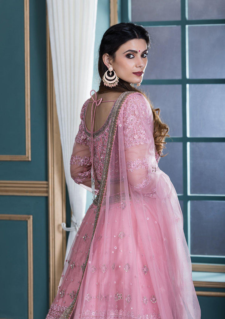 Pink Thread Work Net Designer Lehenga-Koskii