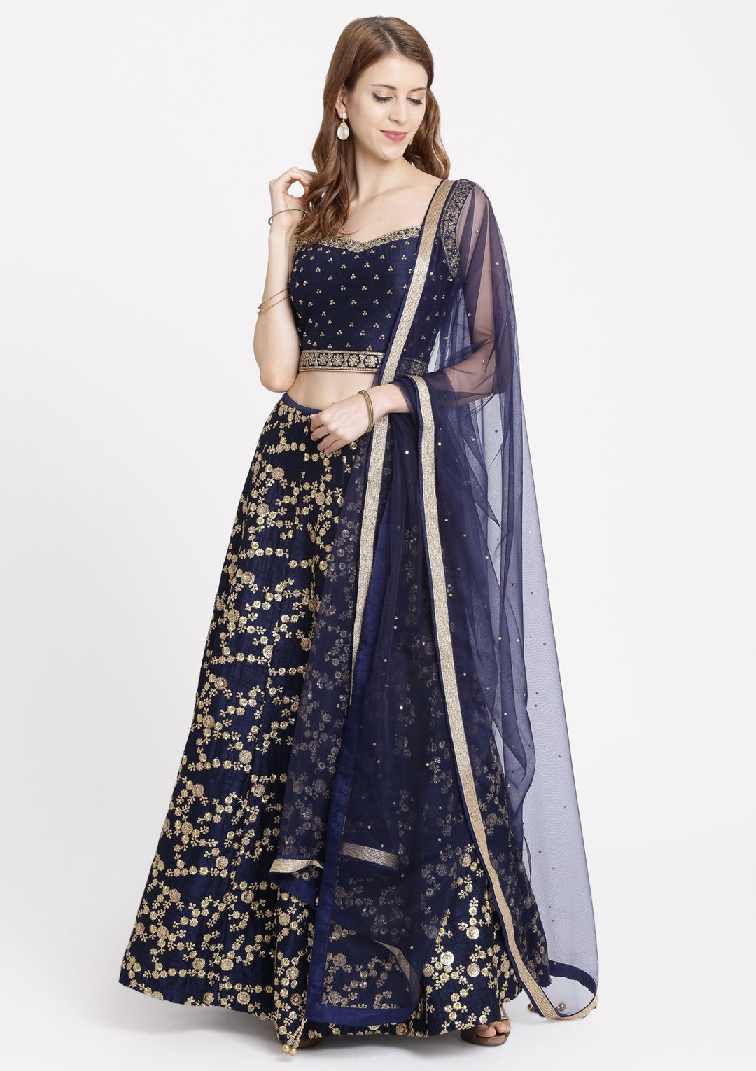 Navy Blue Stonework Rawsilk Designer Lehenga-Koskii
